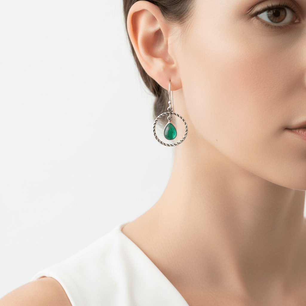 pendientes aros de plata con mineral Esmeralda